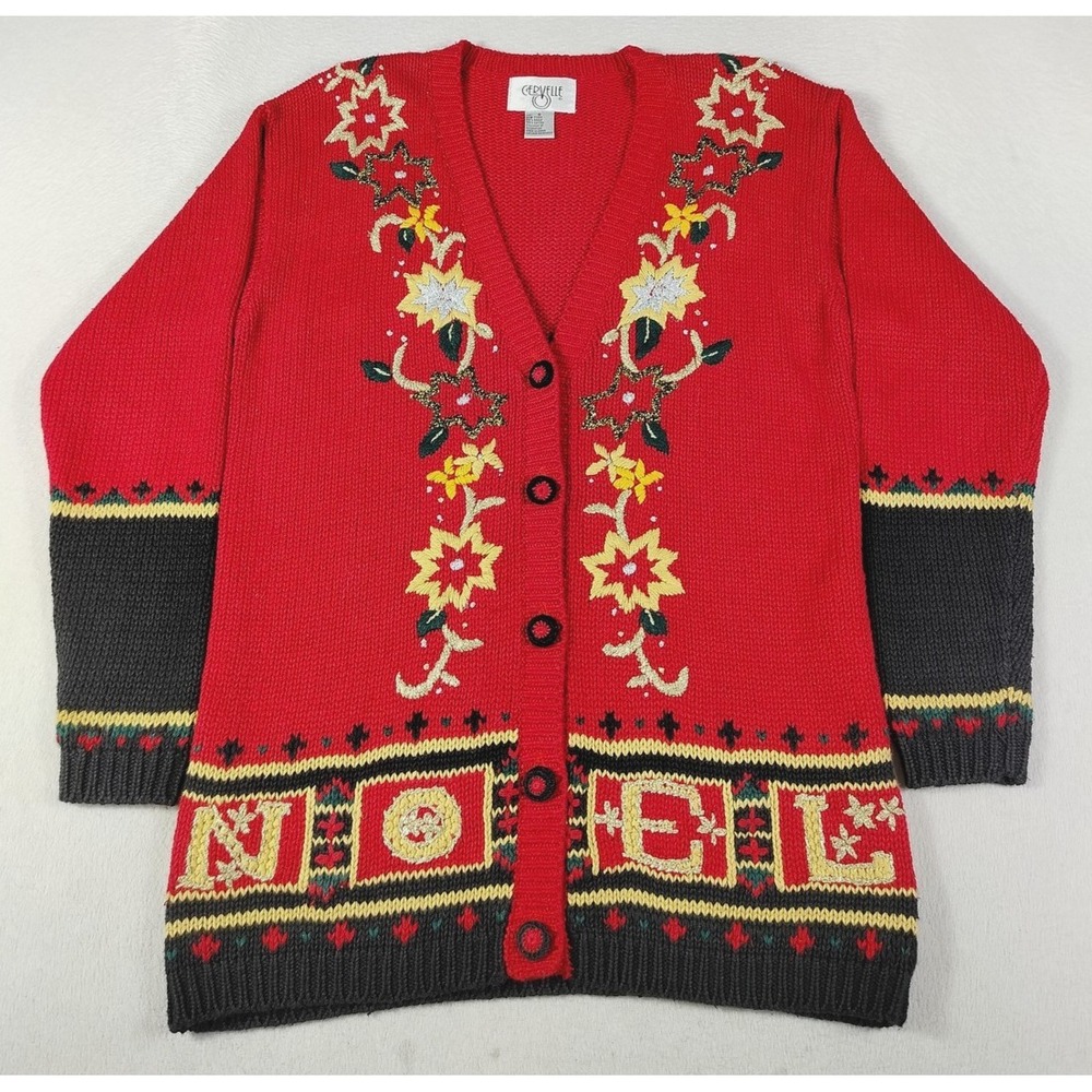 Vintage Cervelle Cardigan Sweater Womens‎ Small Red Noel Poinsettia Christmas